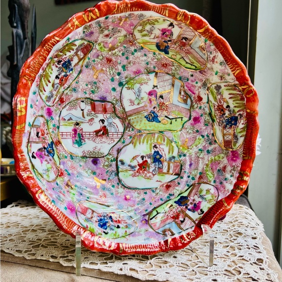 Stunning Handpainted Shallow Bowl with Gold Gilt & Swirl Accent